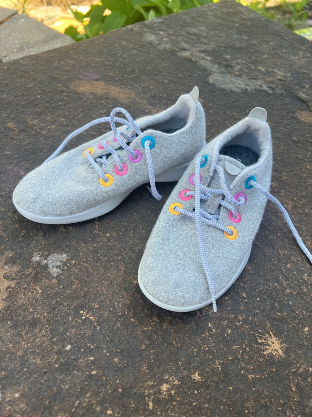 allbirds Kids Gray Wool Sneakers with Pink, Blue and Yellow Eyelets